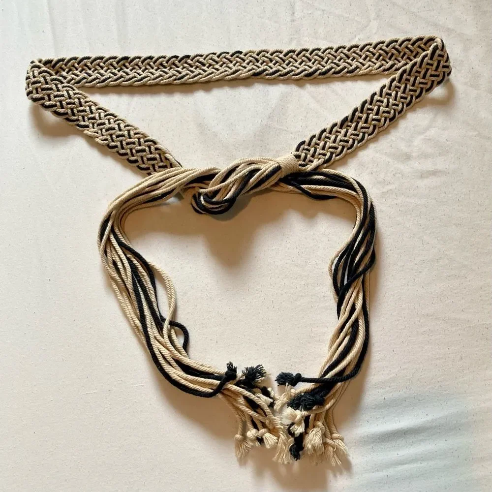 MACRAME Boho Gypsy Hippie Belt with Cords Waist Navy Blue Beige 36 inches